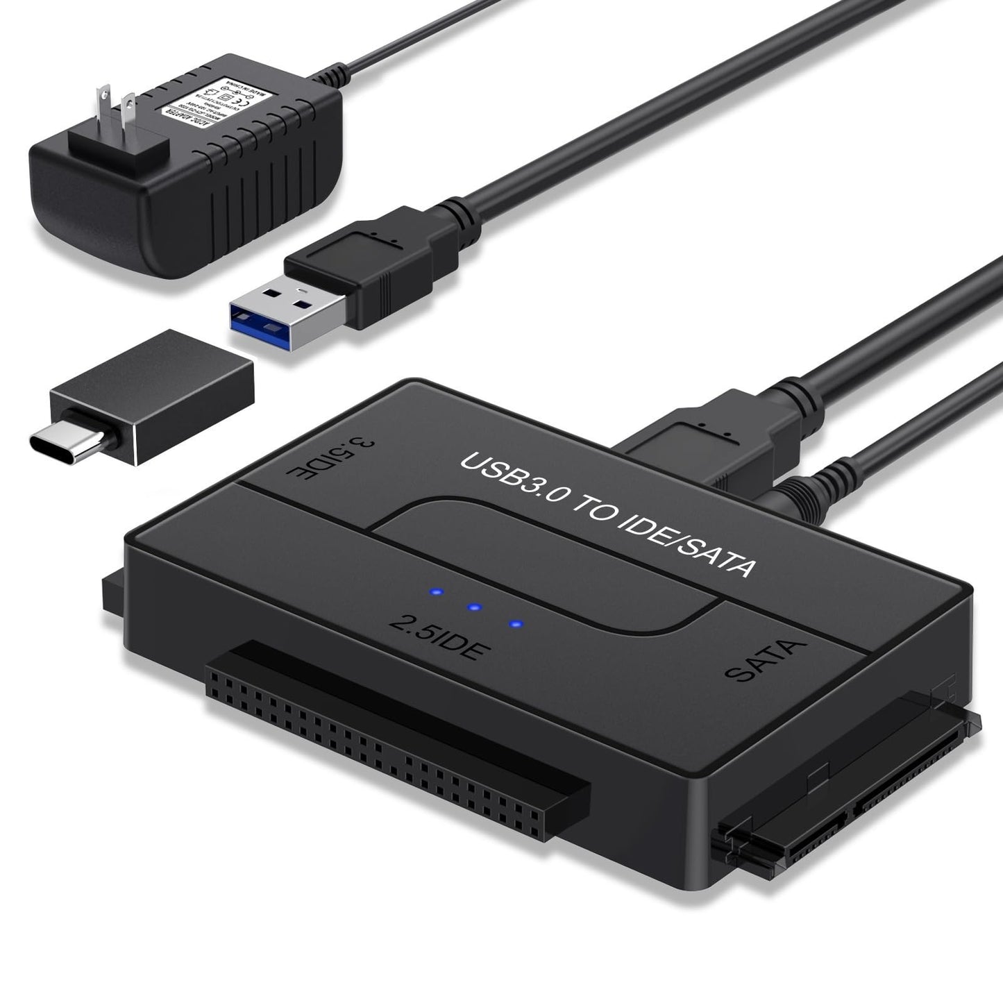 USB 3.0 to SATA IDE Hard Drive Reader, YINNCEEN External Hard Drive Ultra Recovery Converter Universal Hard Drive Adapter Kit for 2.5/3.5 HDD/SSD Hard Drive Disk, Include 12V/2A Power Adapter
