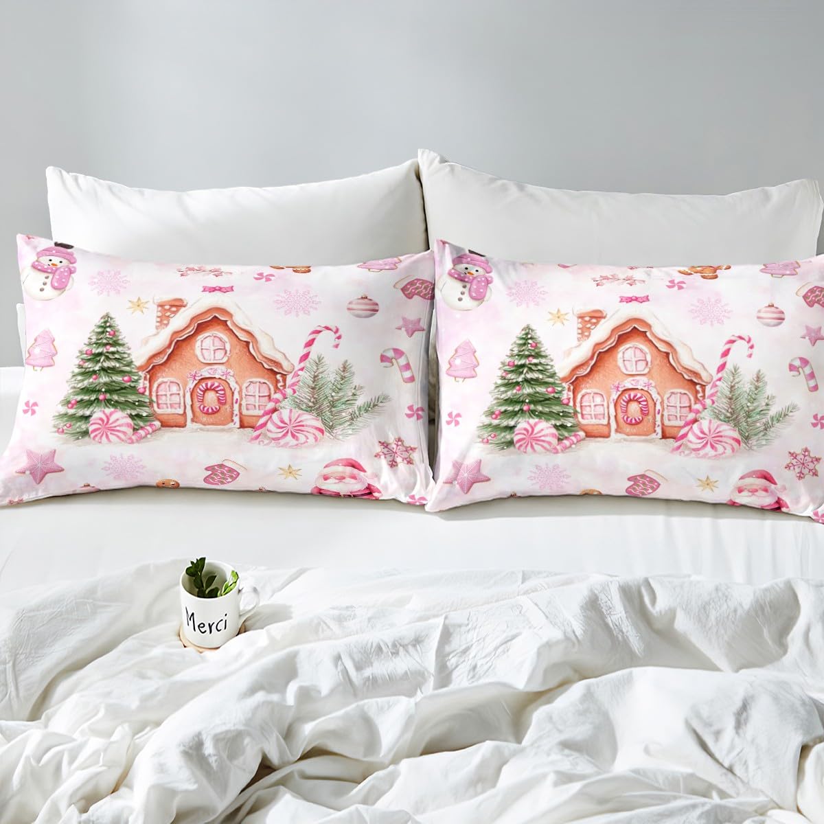 Pink Christmas Duvet Cover Set Queen,Cartoon Gingerbread House Comforter Cover 3pcs for Girls Teens,Santa Snowman Quilt Cover (NO Comforter),2 Pillowcases,Dreamy Pink Tie Dyed Bedding Quilt Cover