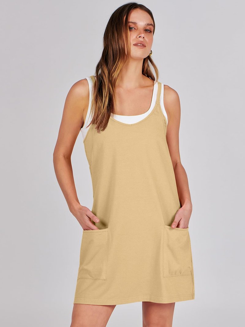 ANRABESS Women Athletic Dress Summer Tennis Workout Active Sports Mini Romper Dress Built in Shorts Travel Vacation Clothes Light Yellow Large