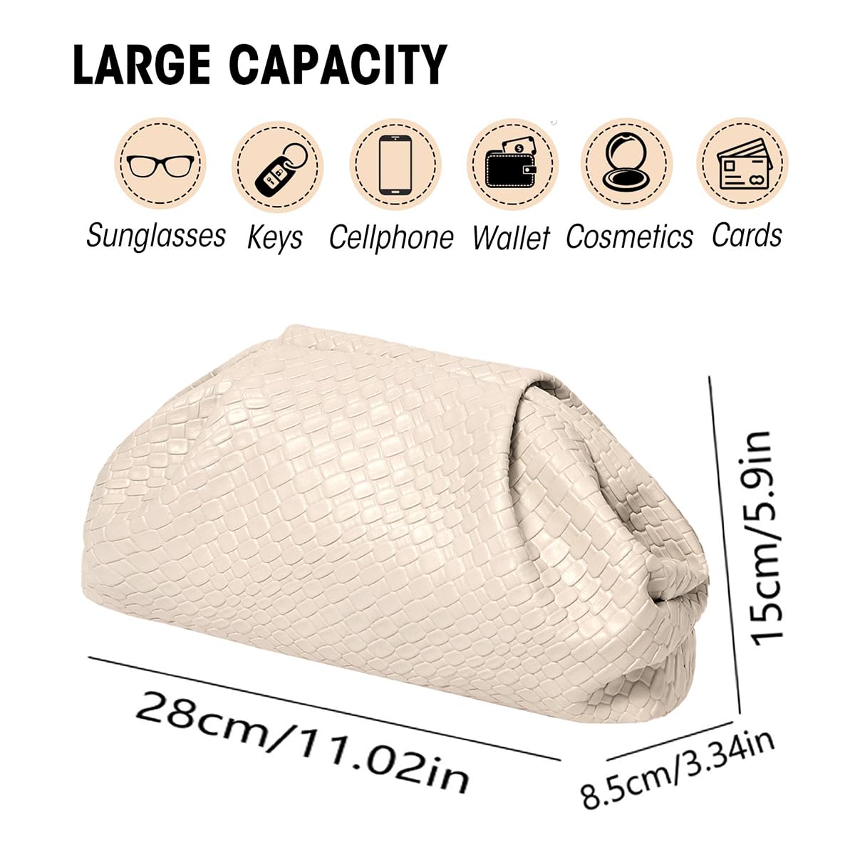 MXCMXC Women’s Woven Evening Bag Clutch Purse, Elegant Dumpling Handbag PU Leather Ruched Bag for Party Cocktail Wedding (Beige)