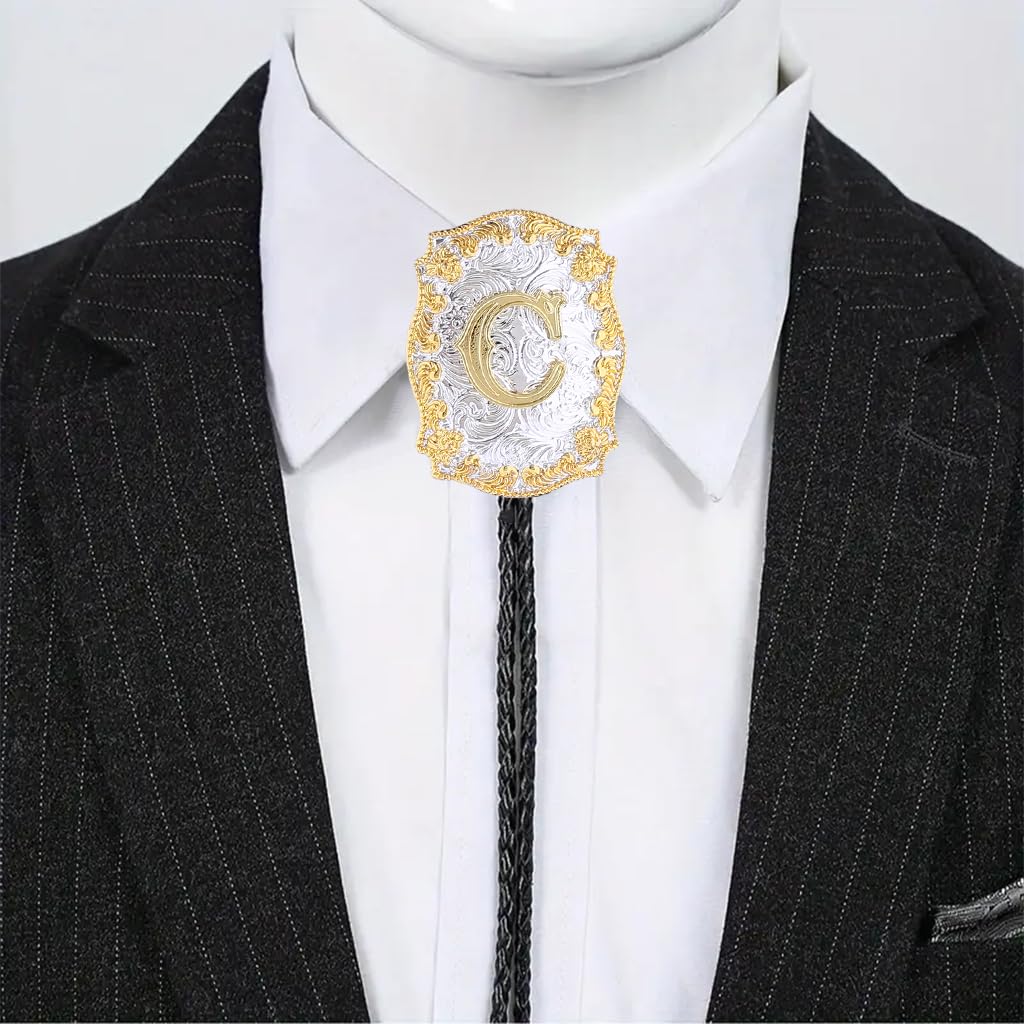 Fibbadet Bolo Tie for Men Initial Letters A-Z Bolo Tie Western Texas Rodeo Cowboy Golden Leather Necktie Necklace Costume Accessories for Husband Wife Halloween Christmas Wedding (C)