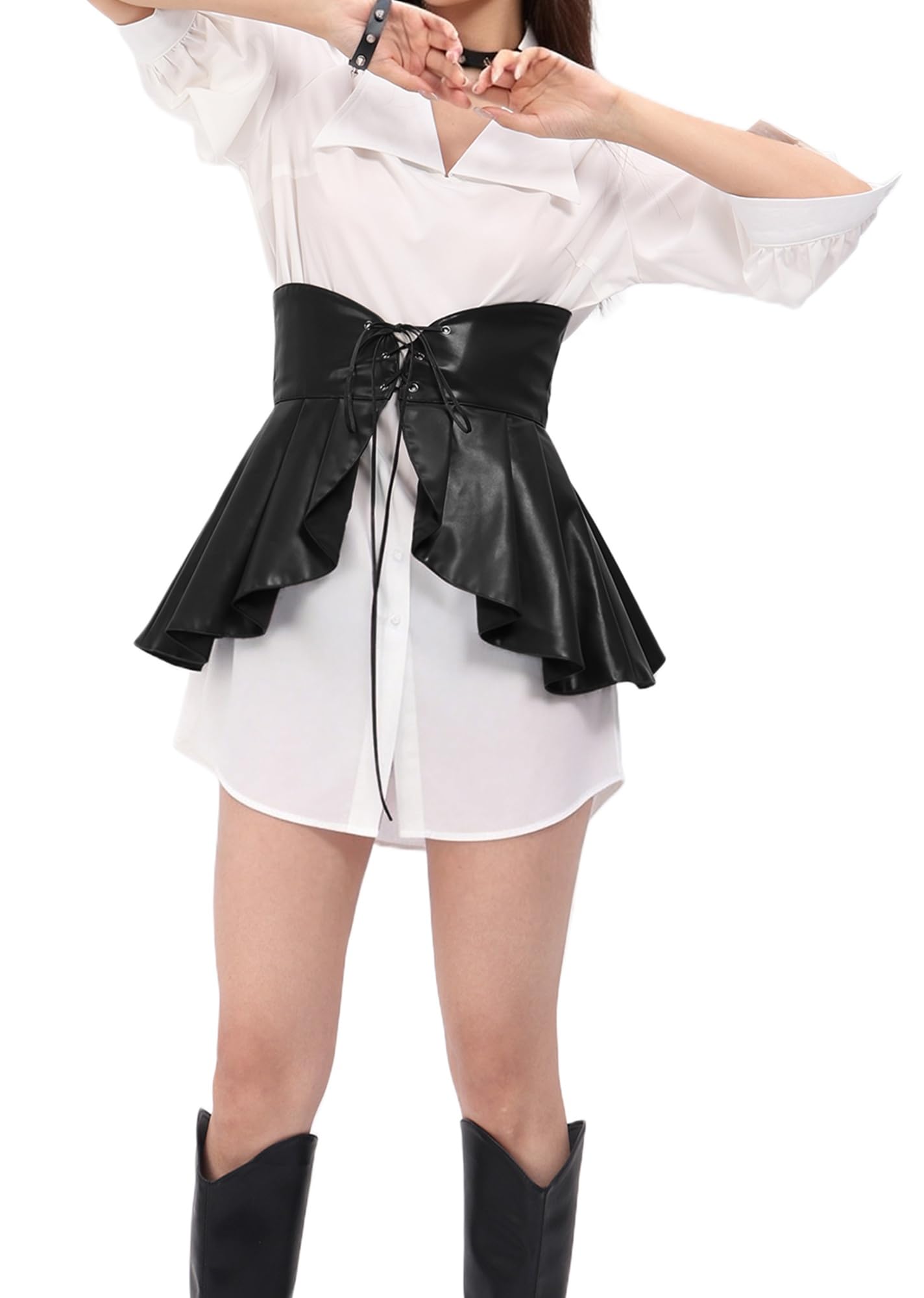 DAZCOS Gothic Retro Faux Leather Waist with Ruffle Adjustable Corset for Lolita Dark Style Dresses (US, Alpha, Small, Regular, Regular, Black)