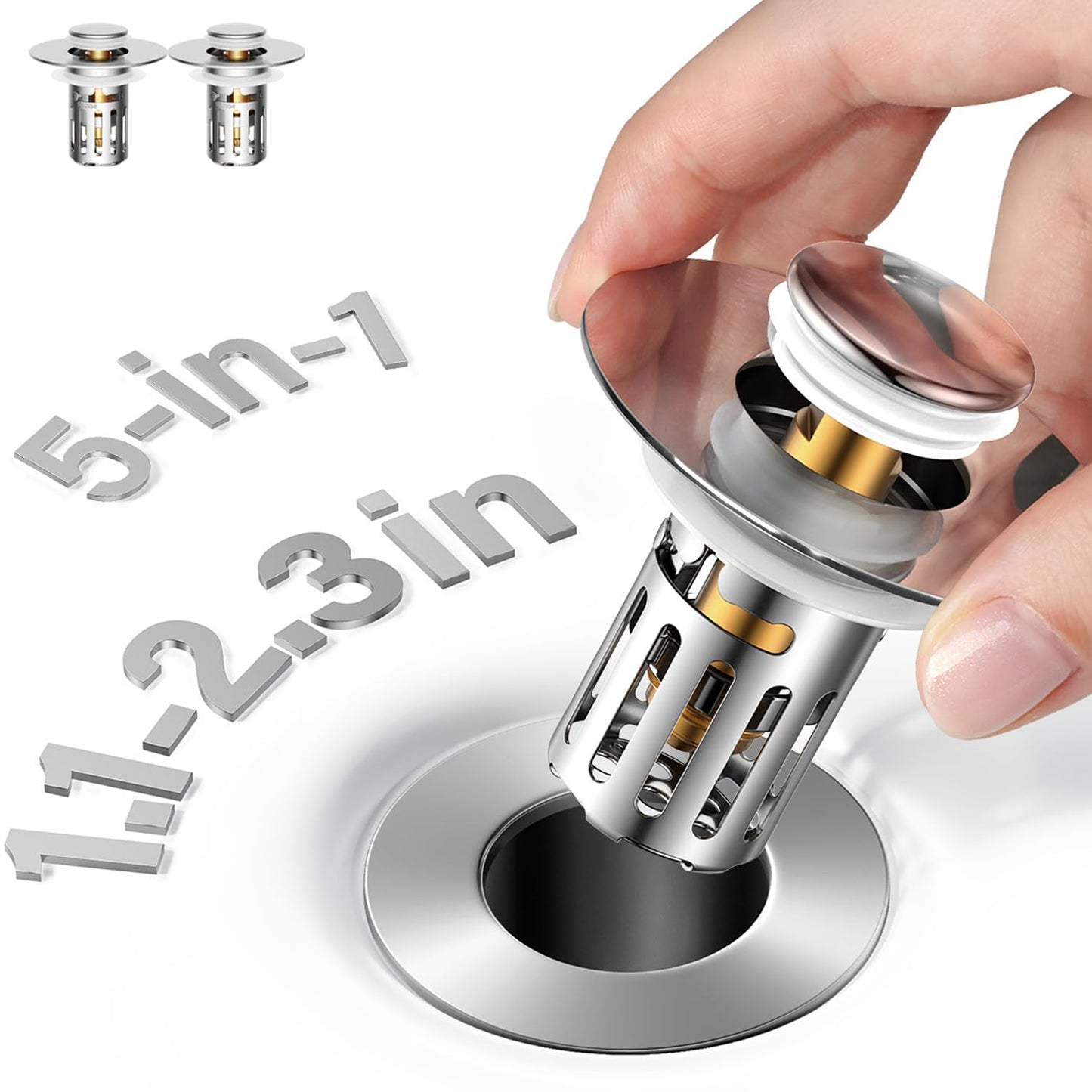 5-in-1 Bathroom Sink Stopper, 2 Pc Pop-Up Drain Stopper with Removable Hair Catcher, Anti-Clog Strainer, Odor Blocking & One-Way Flow Design, Brass & Stainless Steel All Metal Made, Fit 1.1"–2.36"