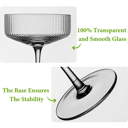 Qipecedm 4 Pcs Ribbed Coupe Glasses, 10 oz Vintage Coupe Glass Set, Unique Martini Glass, Classic Cocktail Galssware, Bar Drinking Glasses Set Pefect for Cocktail, Wine, Champagne & Gift