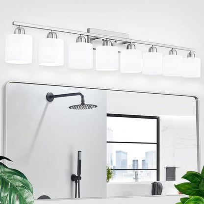 Brushed Nickel Light Fixture Bathroom for Huge Mirror, 8 Light Mirror Lights with Milky White Frosted Glass Shades, 51 inch Bathroom Mirror Lights for Mirrorss, E26 Socket