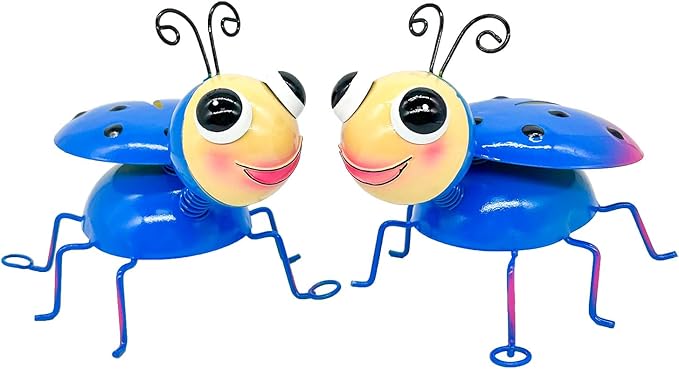 Metal Yard Art Garden Decor for Outside Cute Blue Ladybugs Lawn Patio Ornaments Backyard Decorations Garden Gifts for Mom - Set of 2