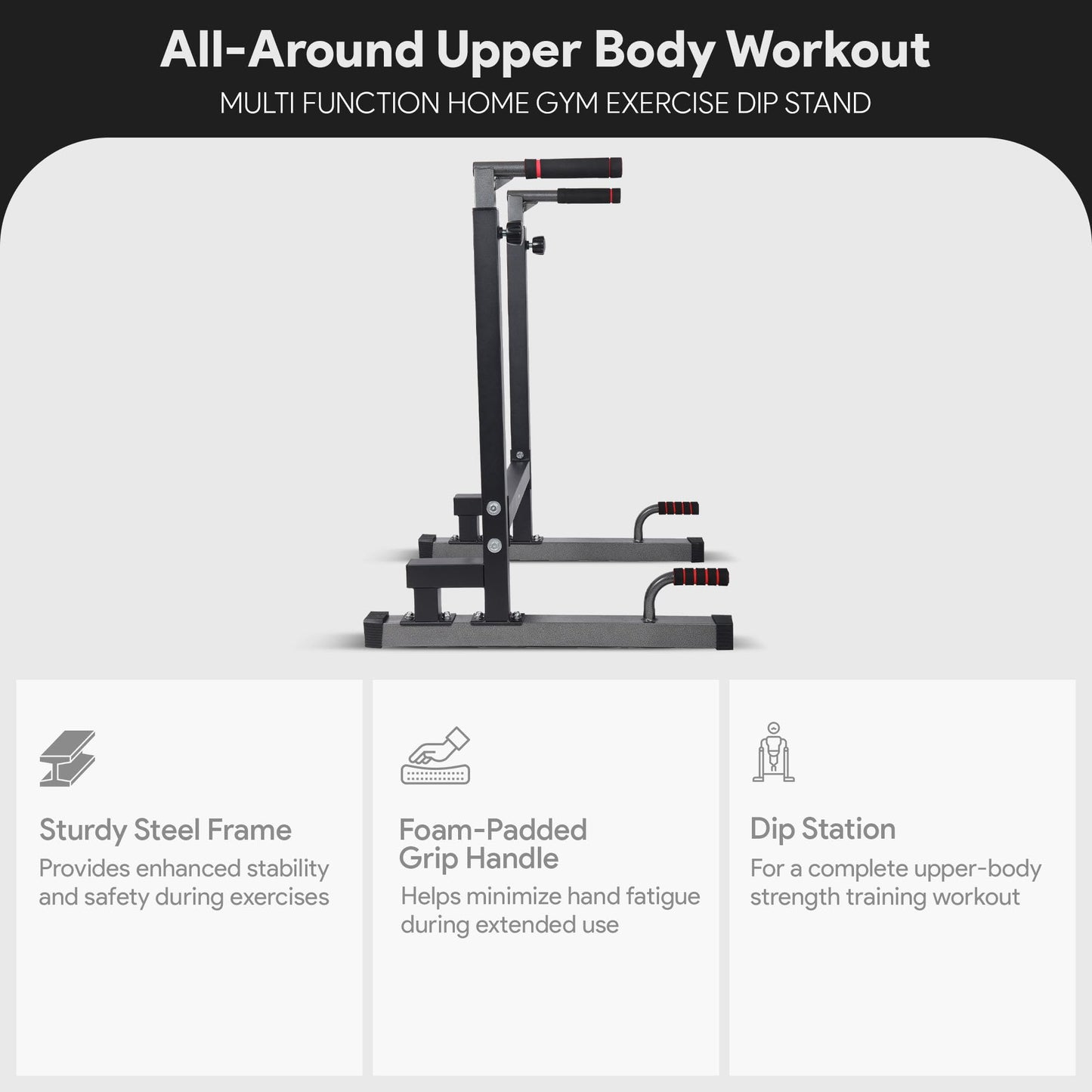 BalanceFrom Steel Frame Dip Station with Adjustable Height, 500 Pound Weight Capacity – Upper Body Workout Home Gym Equipment for Triceps, Push & Pull Ups, Leg Raises, and Bench Press