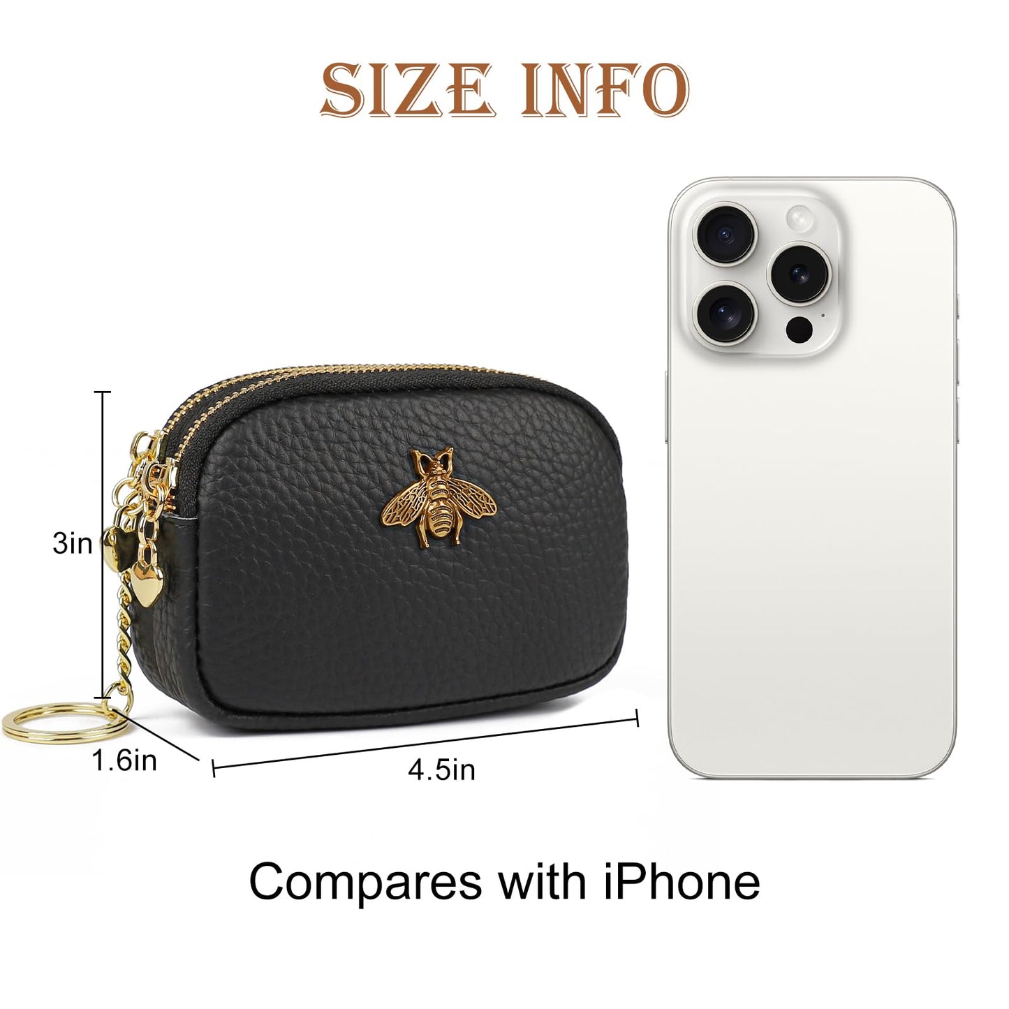 imeetu Women Leather Coin Purse, Small 2 Zippered Change Pouch Wallet(Copper Bee, Light Blue)