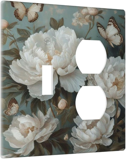 Decorative Art Light Switch Covers Butterflies & Peonies 2 Gang Single Toggle Duplex Combination Electrical Faceplate Switchplate Wall Plate for Home Decor