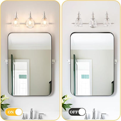 Brushed Nickel Vanity Light, Antique Bathroom Vanity Light Over Mirror, 3 Light Lighting Fixture with Flower Glass Shade, Farmhouse Sconces Wall Lighting for Hallway Living Room Bedroom