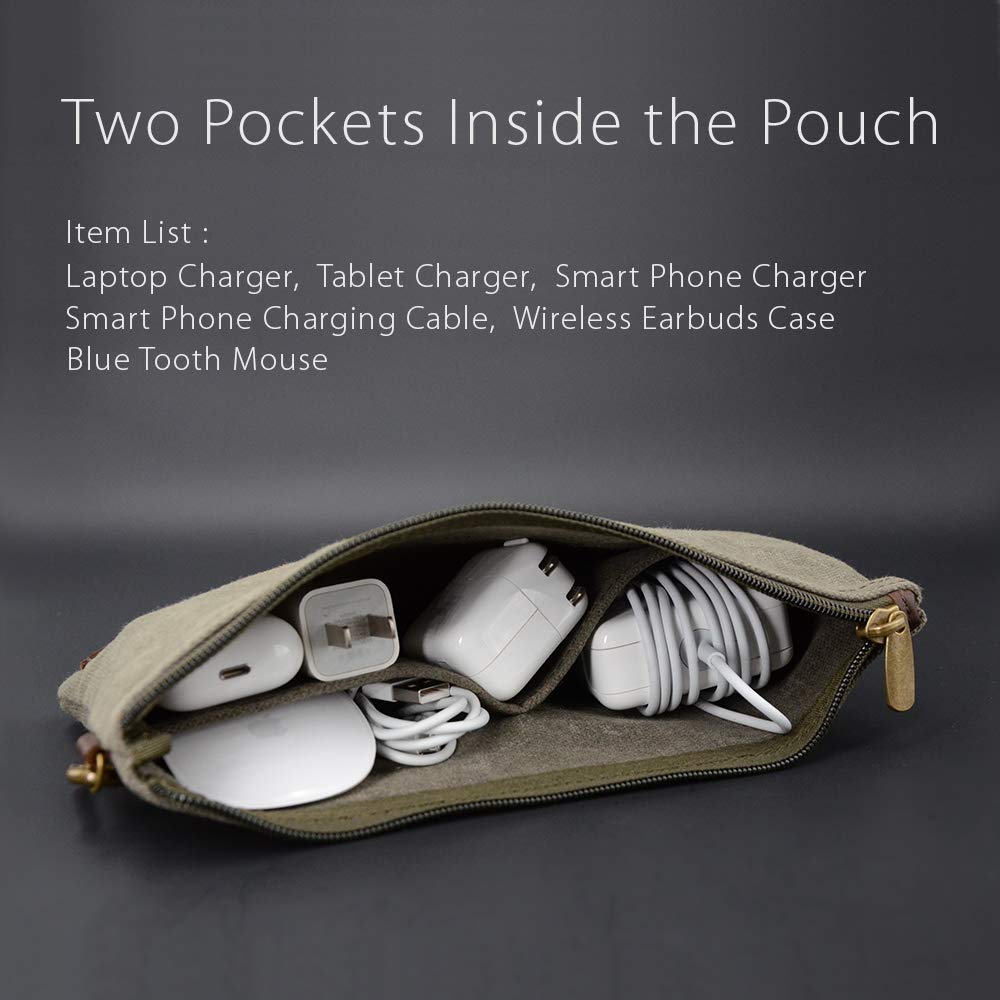 All Purpose Utility Zipper Pouch, EDC Organizer, Water Resistant, Durable Waxed Canvas with Full Grain Leather, Carabiner, Inner Pockets, Office Work Essentials, Charger Case, Pencil Case. Olive.