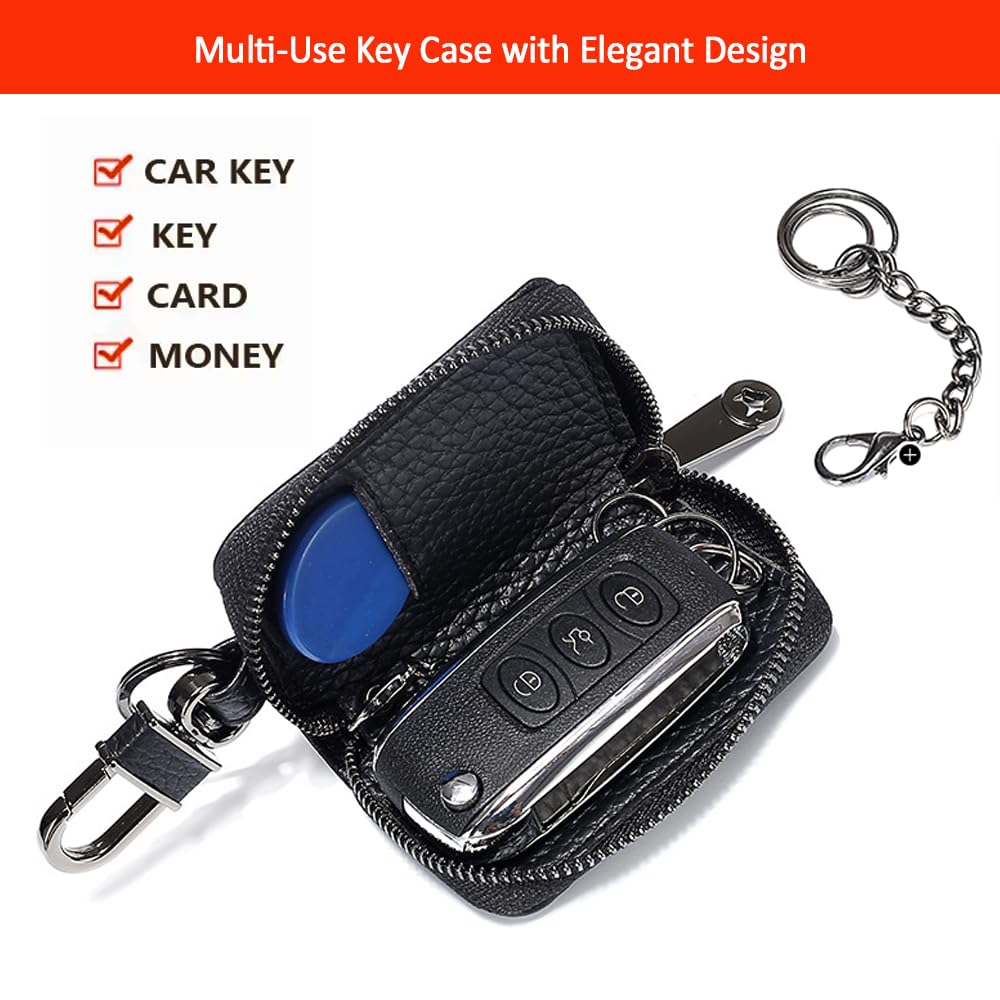 Luckybay Leather Car Key Holder, Car Key Case & Key Fob Protector Pouch with Zipper for Smart Keys, Keychain Wallet for Men Women (Black)