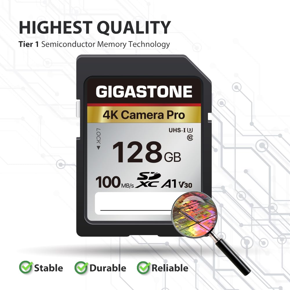 【5-Years Data Recovery】 GIGASTONE 128GB SD Card, 4K Camera Pro, UHS-I A1 V30 U3 Class 10 SDXC Memory Card 4K UHD Video Compatible with Digital Camera, Full-Sized SD Card, with 1 Mini Case