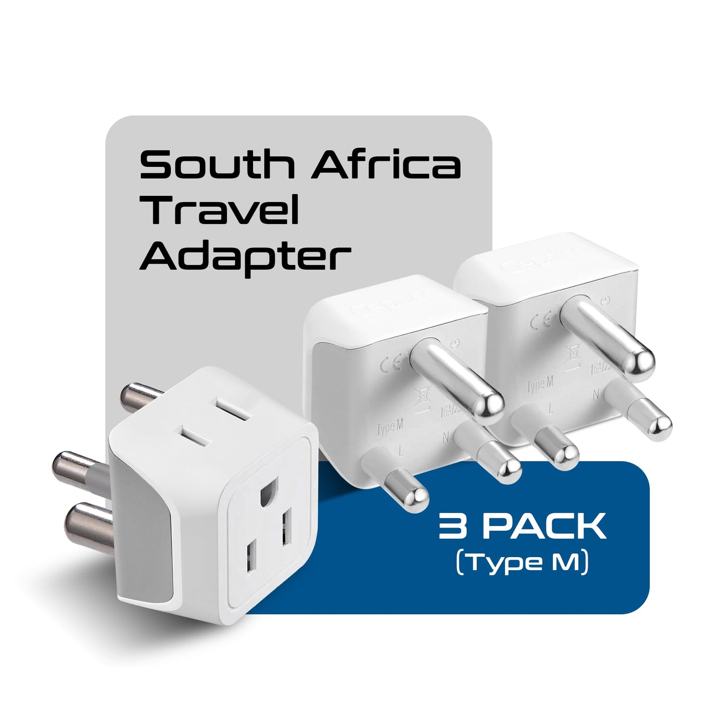 Ceptics South Africa, Namibia Travel Adapter Plug with Dual Usa Input - Type M - Ultra Compact - Safe Grounded Perfect for Cell Phones, Laptops, Camera Chargers and More 3 Pack (CT-10L)