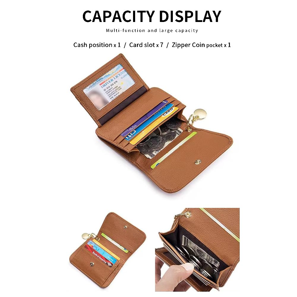 IDIDG Small Wallet for Women RFID Blocking Genuine Leather Slim Keychain Wallet Tri-Fold Card Case with Coin Pocket(Brown)
