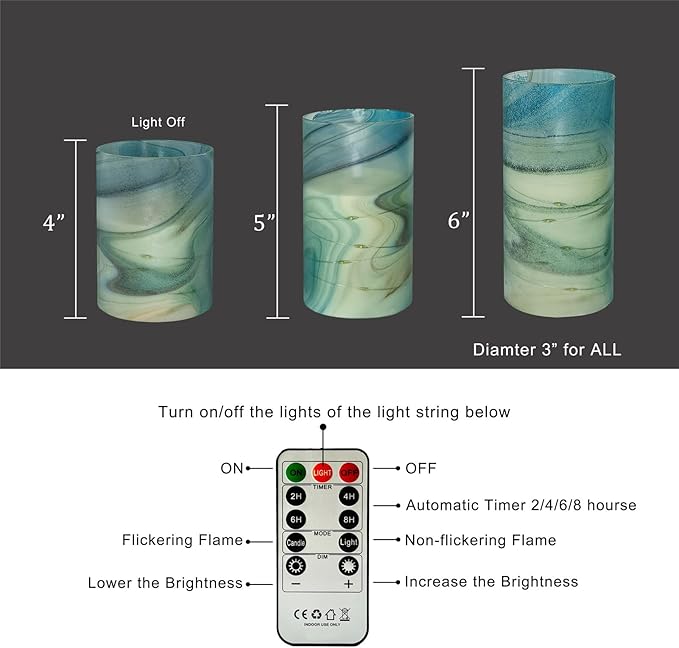 Printed Flameless Candles with String Lights - Set of 3 Battery Operated Candle Flickering Floral LED Pillar Candles with Timer Remote for Home Decor Romantic Ambiance,BG