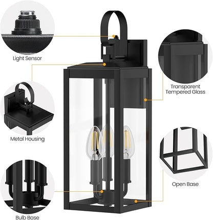 19 Inch Large Dusk to Dawn Outdoor Wall Light for House Exterior, 3-Light Outdoor Light Fixtures Wall Mount, E12 Black Modern Outside Porch Light Fixtures for House Garage Porch Patio Lights
