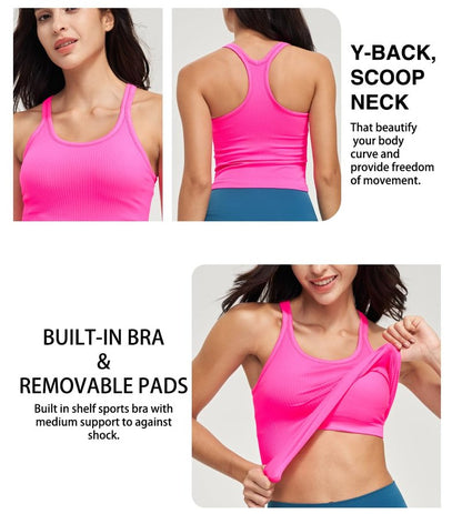 Excwudy Seamless Ribbed Workout Racerback Tank Tops with Built in Shelf Bra for Women Chartreuse XL