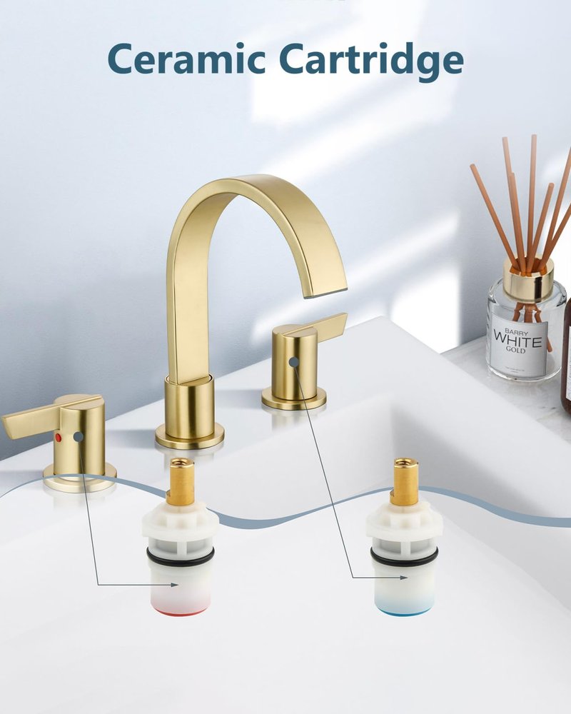 Aolemi 3 Hole Bathroom Faucet, 8 Inch Widespread Waterfall Sink Faucet, 2 Handle Vanity Faucet with Pop Up Drain and Supply Lines, Brushed Gold