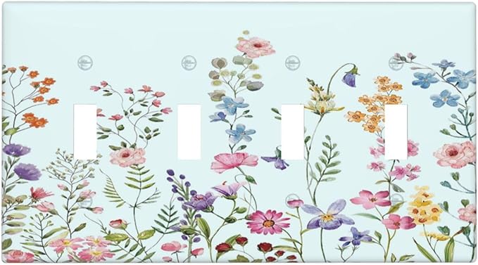 Rustic Wild Floral Vintage Blue Watercolor Flower Quad Toggle Light Switch Covers Decorative Unique 4 Gang Wall Plate Electrical Faceplate Switchplate for Bedroom Bathroom Decor