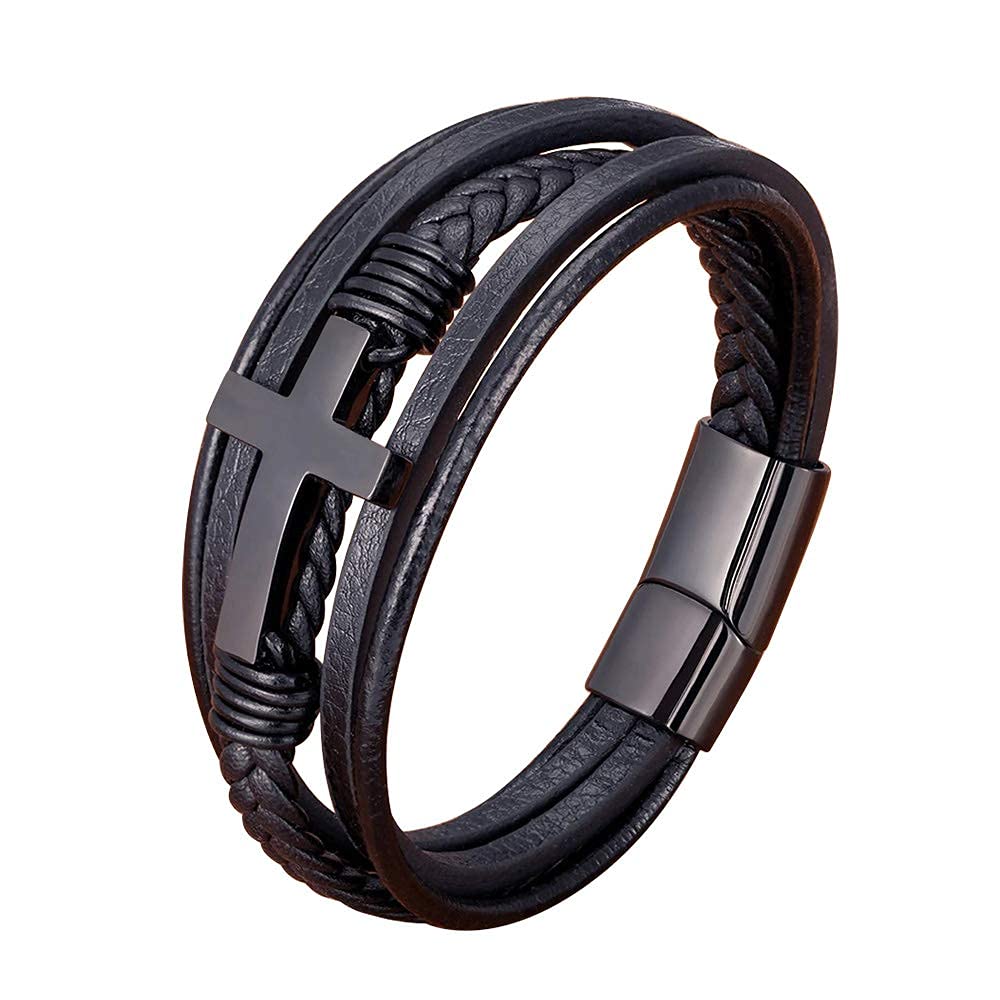 Binatric Multi-Layer Braided Leather Bracelets with Magnetic Clasp Mens Cuff Bracelets for Men Genuine Leather Bracelet Religious Leather Bracelets decorate Gift ((Black, 7.5 Inches))