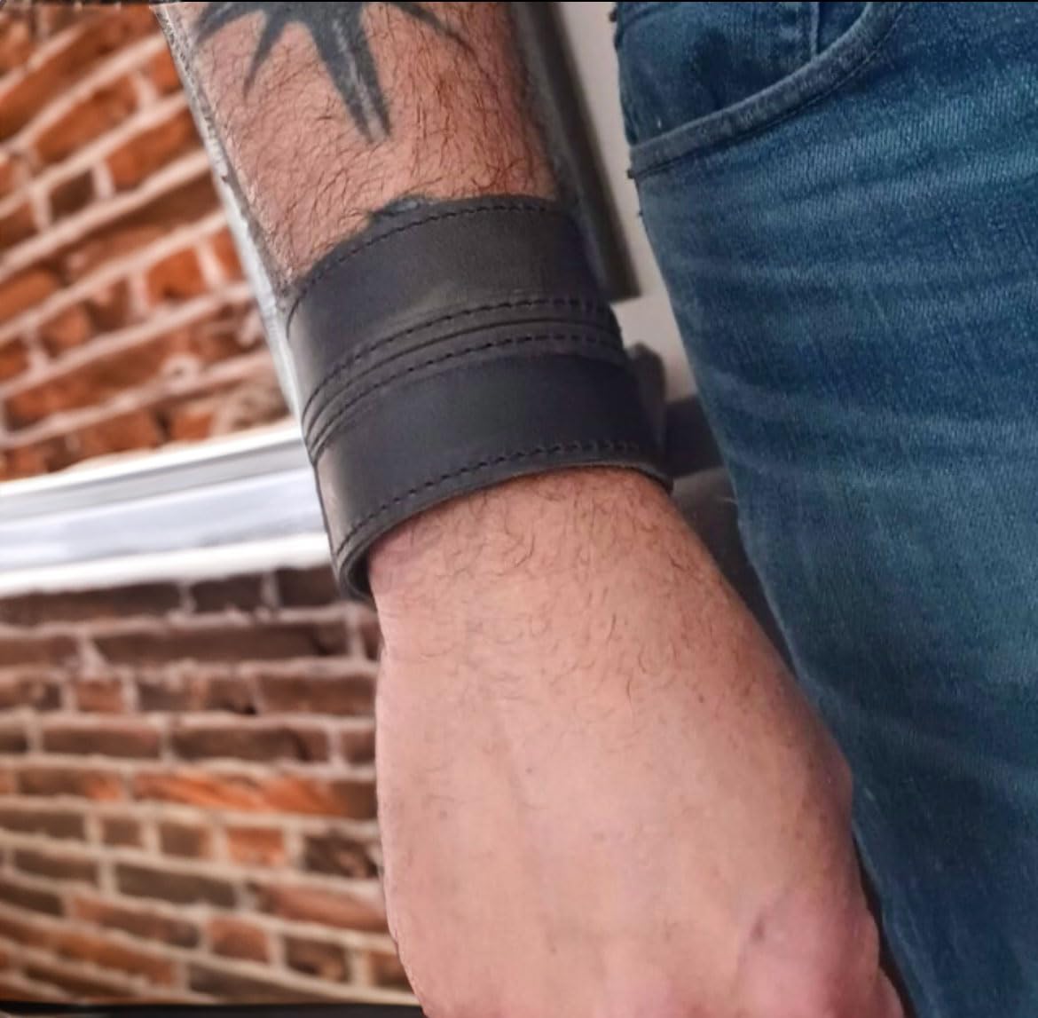Anthology Gear Stylish Leather Cuff Bracelet Full Grain Wide Wristband For Men and Women (Unisex) Adjustable to 8" or 9 1/4" (Carbon Black, Large/X-Large)