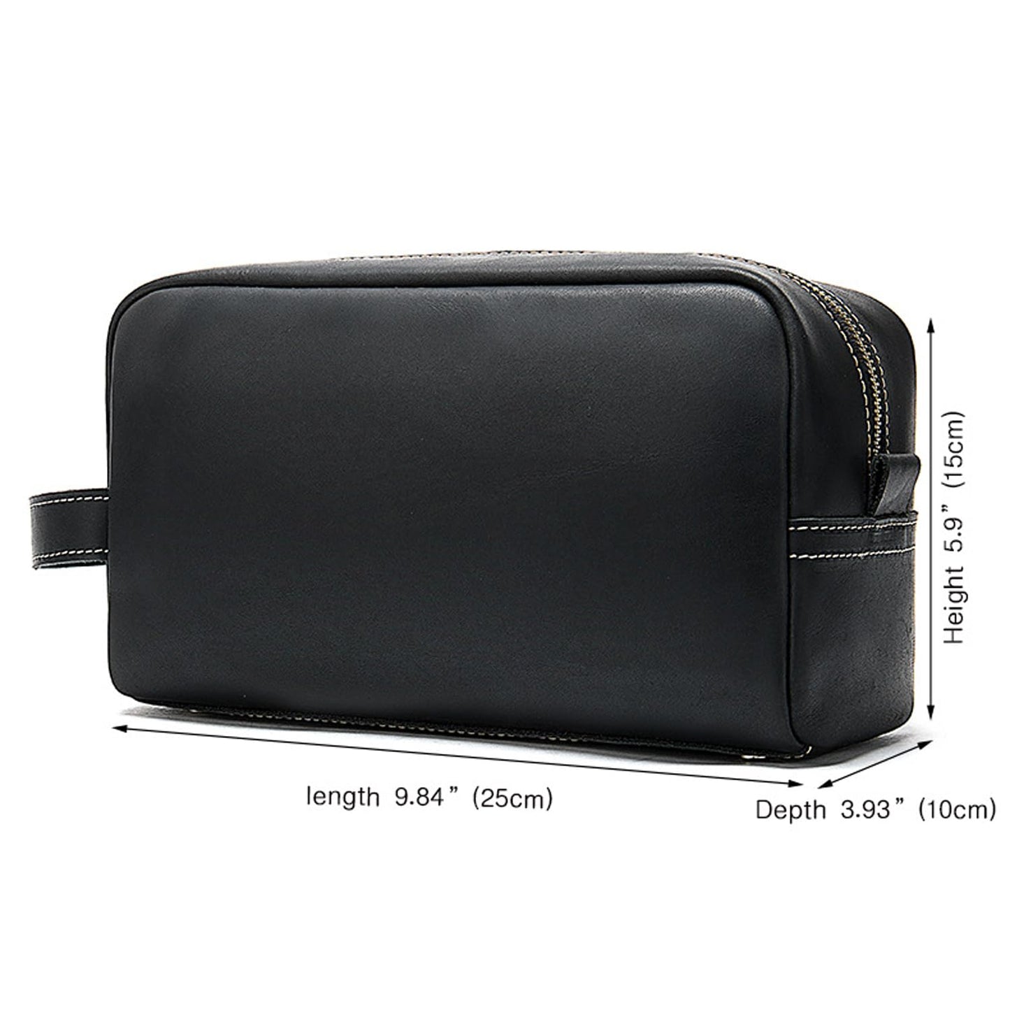 Full Grain Genuine Leather Zipped Travel Toiletry Bag for Women Men Ladies Clutch Purse Wallet Shaving Bag Cosmetic Bag Dopp Kit Wristlet Organizer Holder Wrist Bag Pack Business Handbag Black