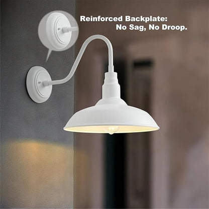 14 Inch Dome Outdoor Gooseneck Barn Light Fixture for Farmhouse, White Exterior Goose Neck Wall Mount Lights for Porch, Barn Style Wall Sconce Lighting for Patio, Garage