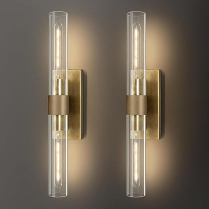 Wall Sconces Set of Two, Gold Bathroom Sconces Wall Lighting with Clear Glass, Modern Sconces Wall Decor Light Fixtures for Bathroom Mirror Living Room Hallway Bedroom
