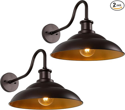 Outdoor Gooseneck Barn Light Fixtures, 16 Inch Dome Large Wall Sconces, Farmhouse Exterior Wall Mount Lights for House Garage Patio Doorway, Oil Rubbed Bronze, 2 Pack