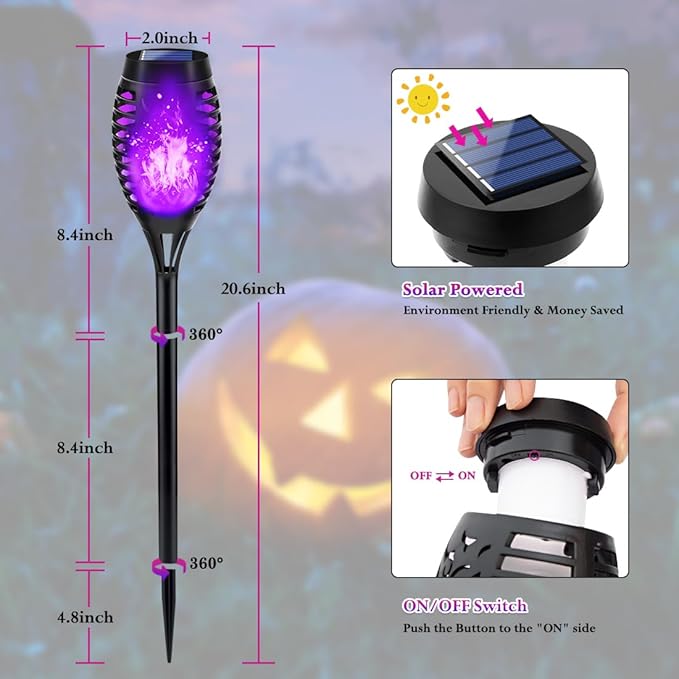 12Pack Purple Solar Torch Lights for Outdoor Halloween Decorations, Halloween LED Lights for Outdoor Decor, Solar Flame Torches for Outside Decor, Luces Solares for Pathway Garden Yard Decorations