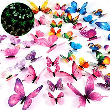 Outus 96 Pcs 3D Butterfly Wall Decor Glow in The Dark Butterfly Wall Decals Stickers Removable Stickers DIY Art Crafts Decor for Ceiling Bedroom Home Garden Party Decorations(Pink, Purple, Mixed)