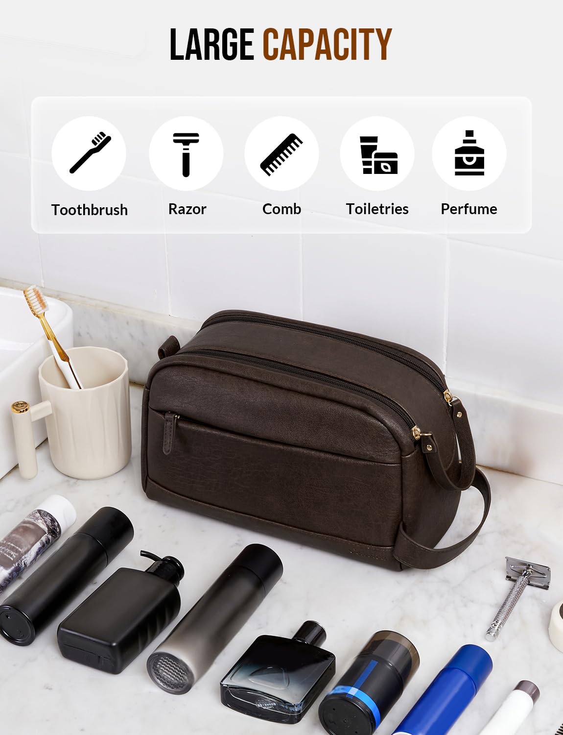 Celvetch PU Leather Toiletry Bag for Men - Water Resistant Travel Bag for Toiletries, Bathroom Essentials, Accessories - Dark Brown