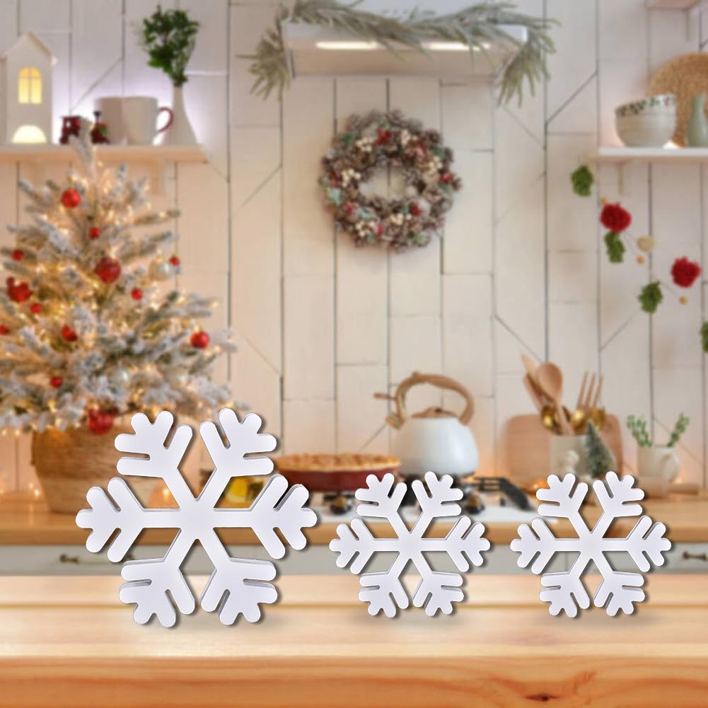5 Pcs Winter Wooden Snowflake Decor Christmas Snowflake Signs 3D Decoration Tabletop Wood Snowflakes Centerpiece White Block Table Decor Standing Sign for Xmas Fireplace Mantel Home (white)