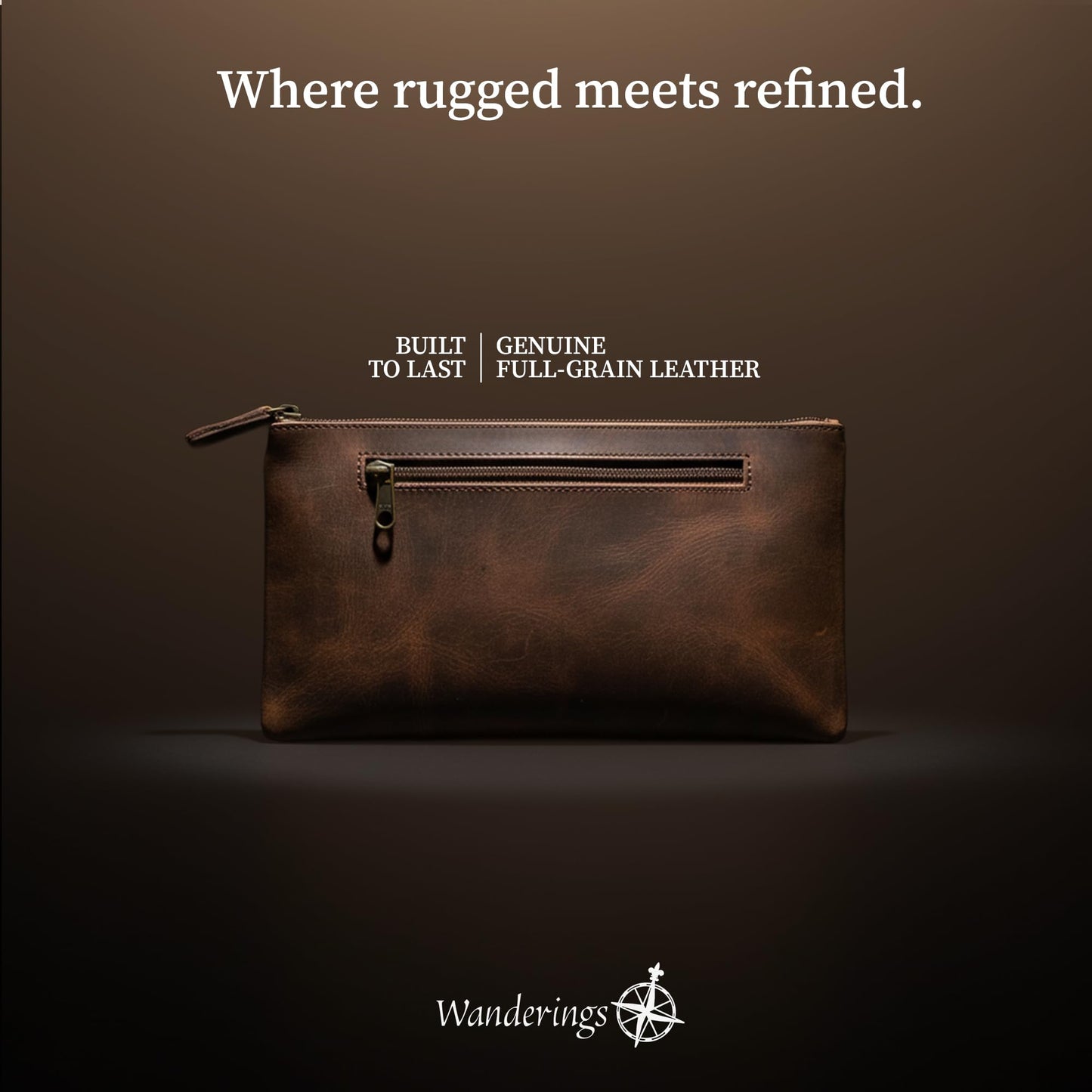 WANDERINGS Genuine Leather Pencil Pouch Case - Large 11" x 6.5" (28 x 16cm) - Hand Crafted Brown Leather Zipper Pouch - Slim Pencil Case Holder for Men and Women