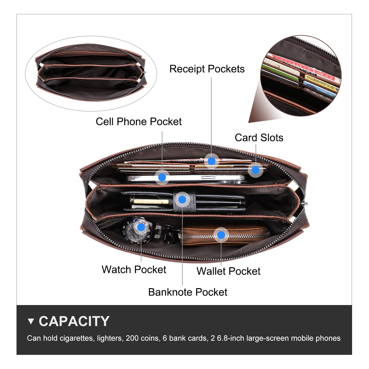 Leather Men Clutch Purse Bag, Mens Business Code Lock Wallet Anti Theft Clutch Purse Phone Holder Handbag Travel Bag