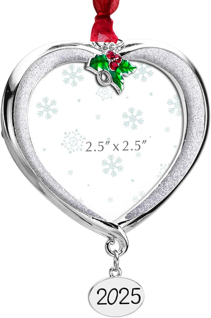 Christmas Tree Ornament Picture Frame Metal Hanging Pendant Holiday 2.5" Photo Frame Charm Decorative of Pets, Baby First Christmas, Family (2025 White)