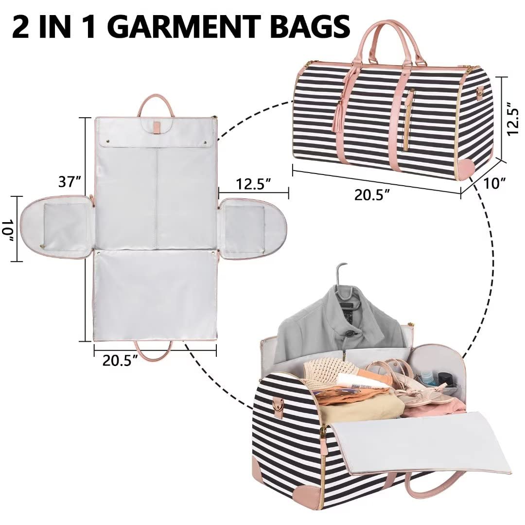 Ytonet Carry On Garment Bag, Large Hanging Duffle Bag for Women, PU Leather Waterproof Bags Travel with Shoe Pouch - 2 in 1 Suitcase Suit Bags, Black and White Stripe