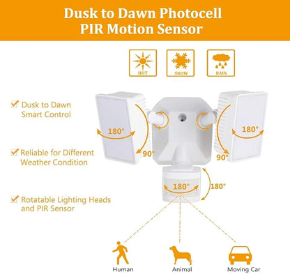 EMANER Dusk-to-Dawn Security Lights with Motion Sensor, 5000K IP65 Waterproof Outdoor, 280W Equiv. 110V 120V Dual-Head Rotatable LED Flood Light for Porch, Garage, Yard, Driveway