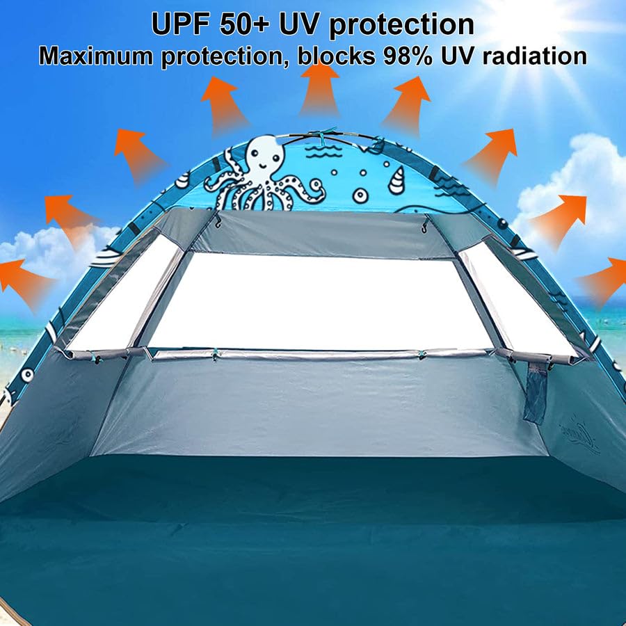 Ocean World 3-4 Person Family and Baby Beach Tent – Cool Beach Essentials for Shade, UPF 50+ UV Protection and PU800 Waterproof, Portable Pop Up Sun Shade Cabana Shelter for Kids and Toddlers,