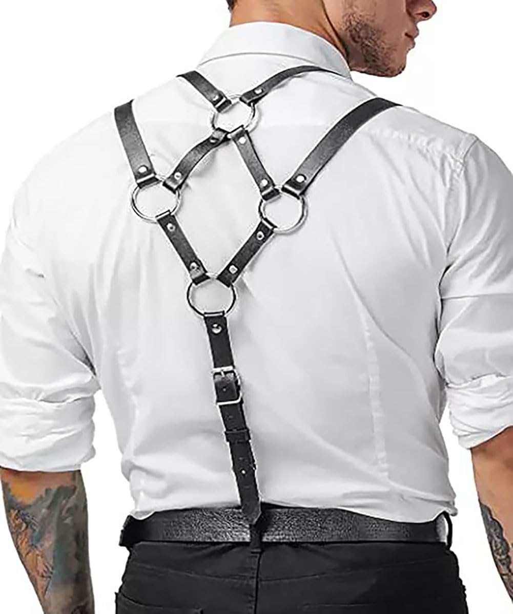 Mens Black Leather Armors Suspenders Shoulder Strap Body Chest Harness Chain Belt Adjustable Gay Punk Clubwear Costume
