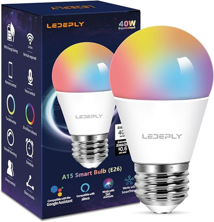 5W=40W, A15 Smart Bulb, Compatible with Alexa, Google Home, E26, Color Changing, Dimmable LED WiFi Light Bulbs, No Hub Required, 1 Pack