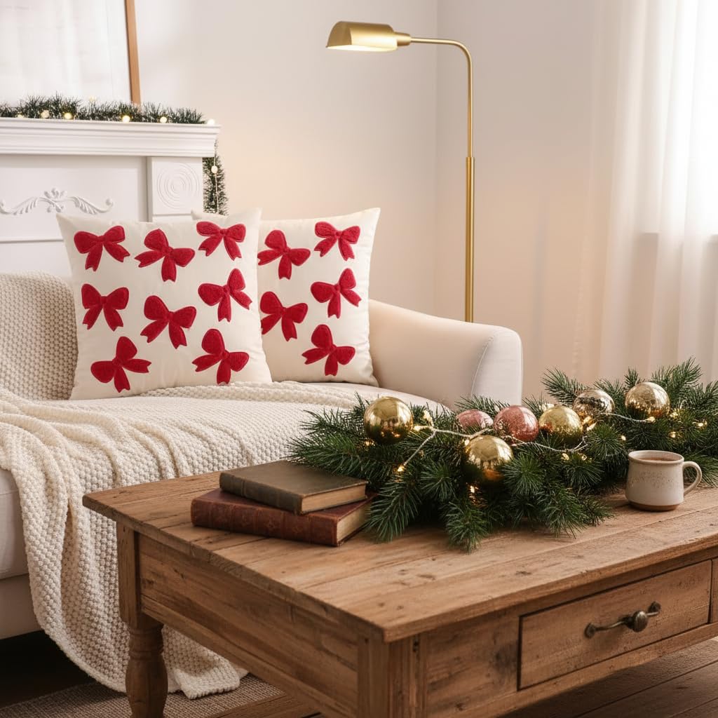 Tosleo Red Bows Pillow Covers 18 x 18 inch Set of 2 Velvet Embroidery Throw Pillow Cover Merry Xmas Party Decor Pillowcase Winter Holiday Cushion Case