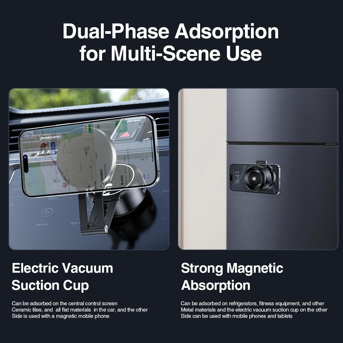 Vacuum Suction Magnetic Car Phone Holder, Electric Magnetic Car Phone Holder Mount Foldable Adjustable Car Mount for iPhone12-16,Mirror/Glass/Screen/Smooth None Porous Surface (Not Charge Phone)