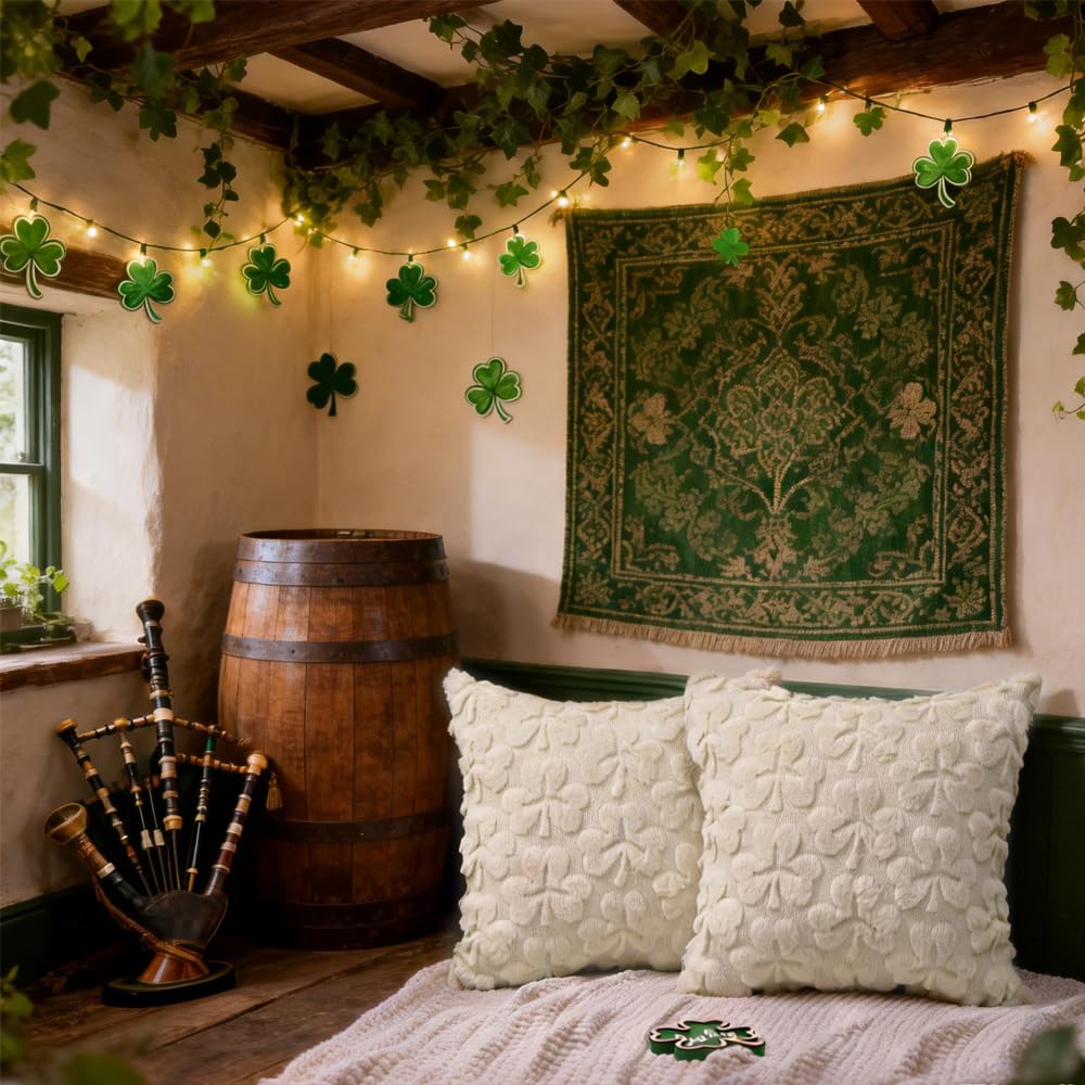 Heirloom Haven St Patrick’s Day Pillow Covers Set of 2,Beige Shamrock Irish Soft Plush Fluffy Faux Fur Jacquard Decorative St. Patrick’s Day Holiday Farmhouse Cushion Case for Sofa 18 x 18 Inch