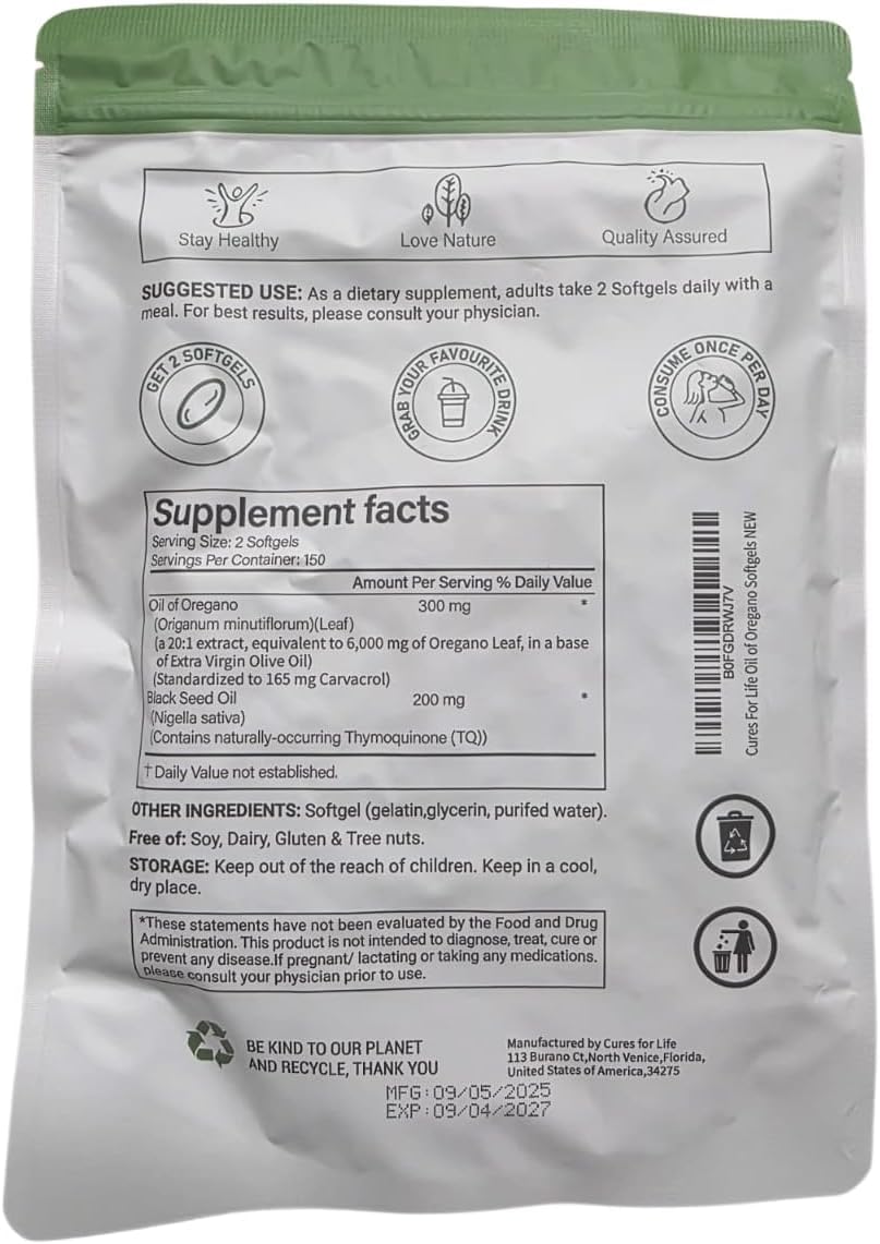 Cures For Life Oil of Oregano Softgels – 6000mg High Potency with 165mg Carvacrol & 200mg Black Seed Oil – 2-in-1 Immune Support & Digestive Health – 300 Softgels – Oregano Oil Capsules Supplement