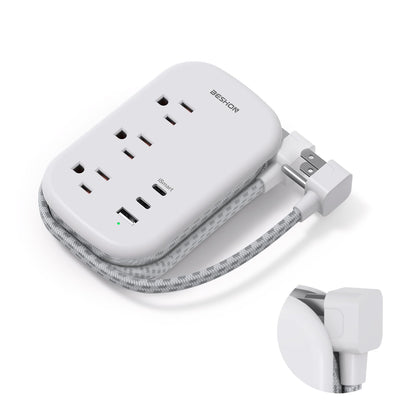 BESHON Flat Plug Power Strip, 3 Outlets with 3 USB Ports(2 USB C), Ultra Flat 3.2ft Wrapped Around Extension Cord for Cruise Ship, Travel, Dorm Room Essentials