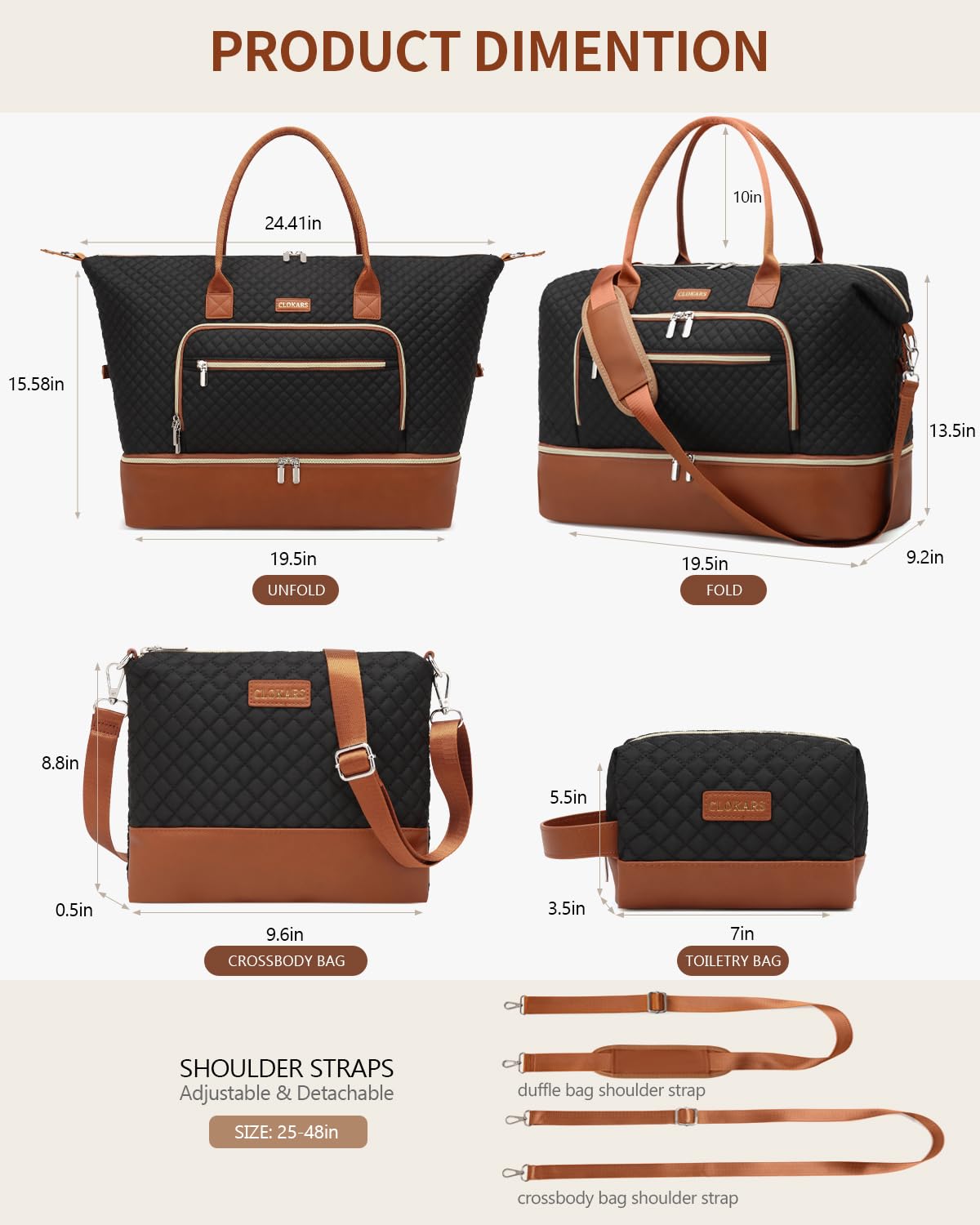 CLOKARS Weekender Bags for Women, Travel Duffle Bag Carry On Overnight Bag with Cosmetics Bag and Crossbody Purse for Gym Hospital, Gifts for Women, Black Brown