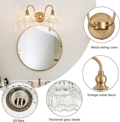Antique 2-Light Wall Sconce Modern BathroomVanity Light Gold Wall Light Made of Metal Body and Pressed Patterned Glass Retro Vanity Light for Bedroom, Bathroom, Doorway, Foyer, Hallway