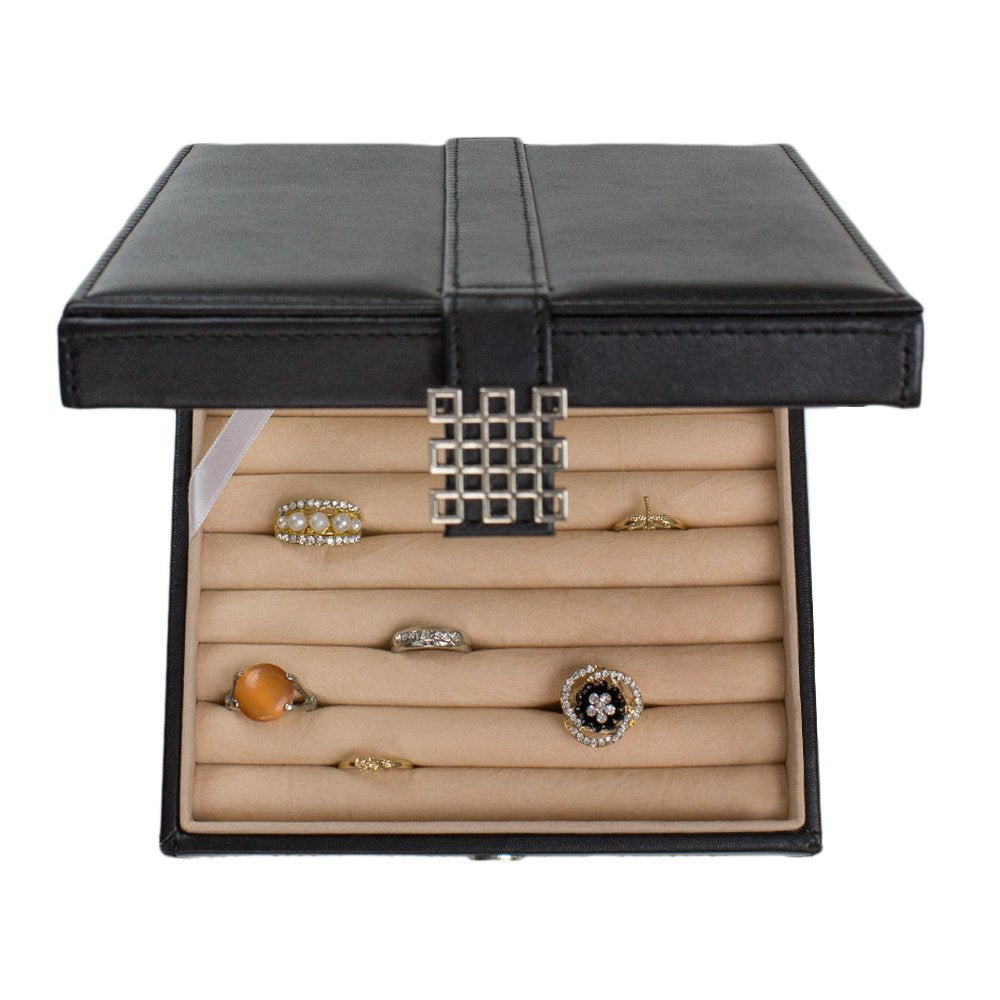Glenor Co Ring Box Organizer - 54 Slot Classic Jewelry Display Case Holder - Storage Tray with Modern Buckle Closure, Large Mirror - for Rings and Cufflinks - Small for Travel - PU leather - Black